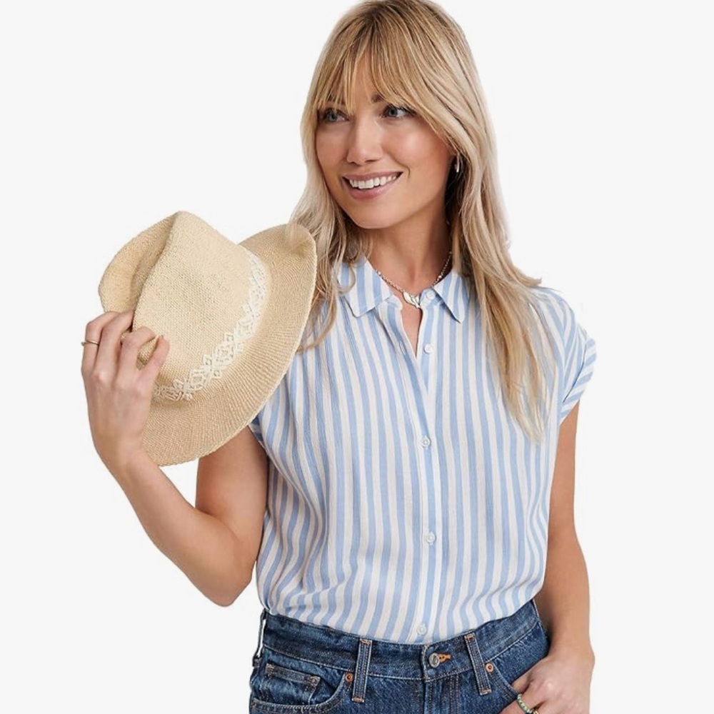 Lucky Brand Blue and White Striped Button Down Crepe Shirt Size XS EUC